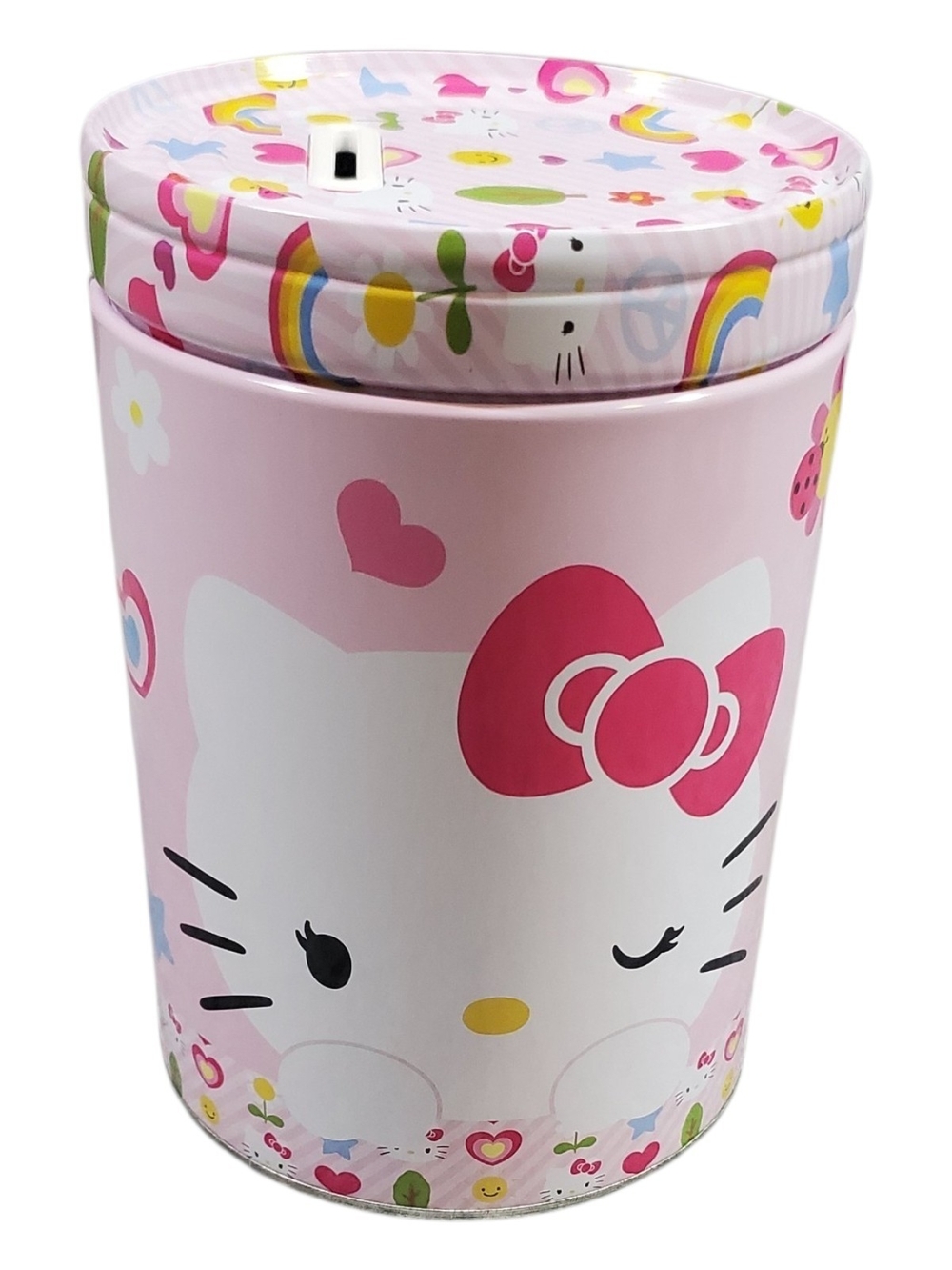 Hello Kitty Pink Floral Rainbow Tin Canister Coin Bank